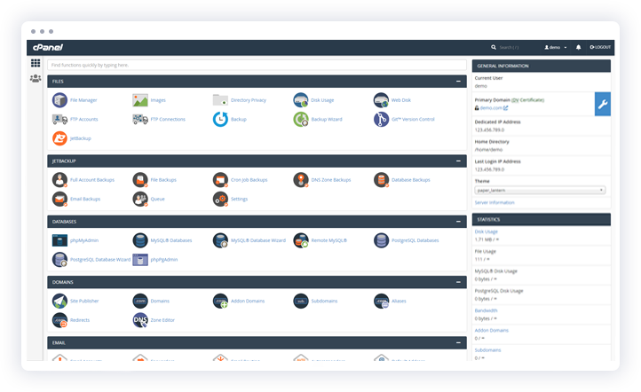 cPanel dashboard